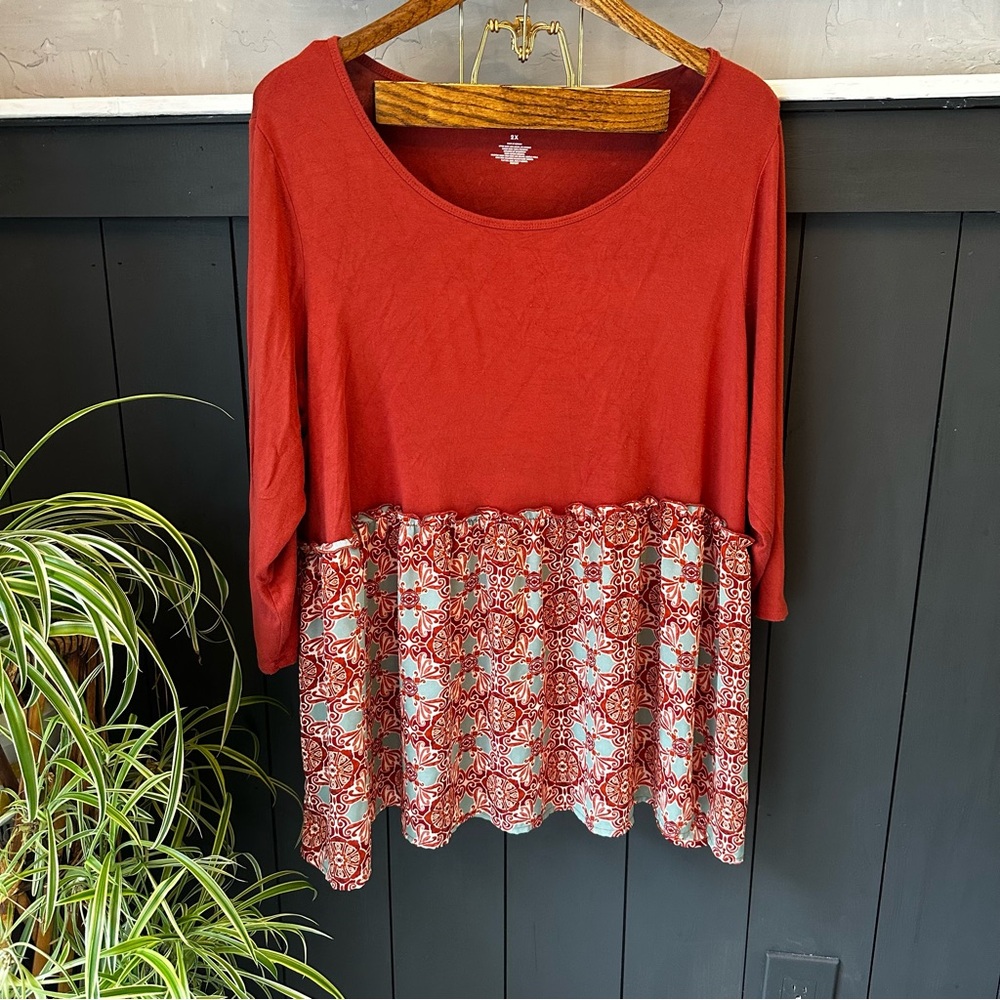 EVRI Women's Brick‎ Copper Patterned Women's Blouse 2X